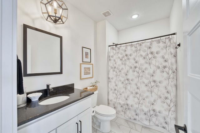 full bathroom with a shower with curtain, toilet, marble finish floor, visible vents, and vanity