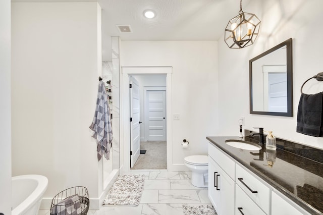 full bath with a stall shower, toilet, marble finish floor, visible vents, and vanity