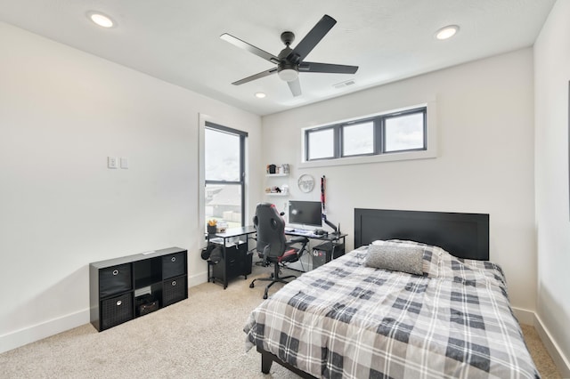 bedroom featuring carpet, visible vents, recessed lighting, a ceiling fan, and baseboards