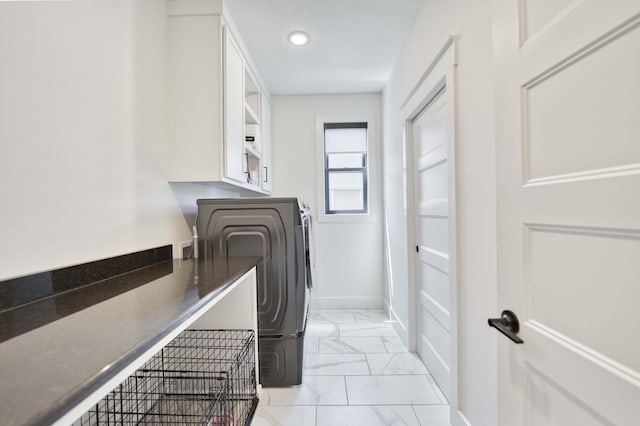 laundry room featuring washer and clothes dryer, marble finish floor, laundry area, recessed lighting, and baseboards