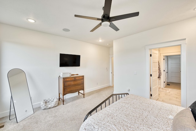 carpeted bedroom with baseboards, recessed lighting, and a ceiling fan