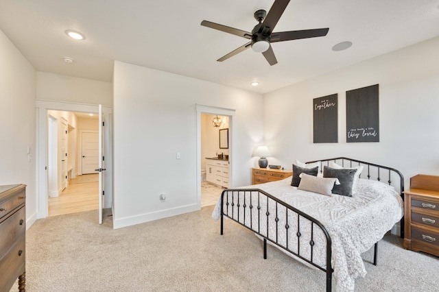 bedroom with recessed lighting, baseboards, ceiling fan, connected bathroom, and carpet floors
