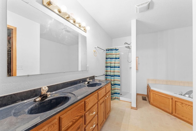 full bathroom with double vanity, a shower with curtain, a sink, a bath, and visible vents