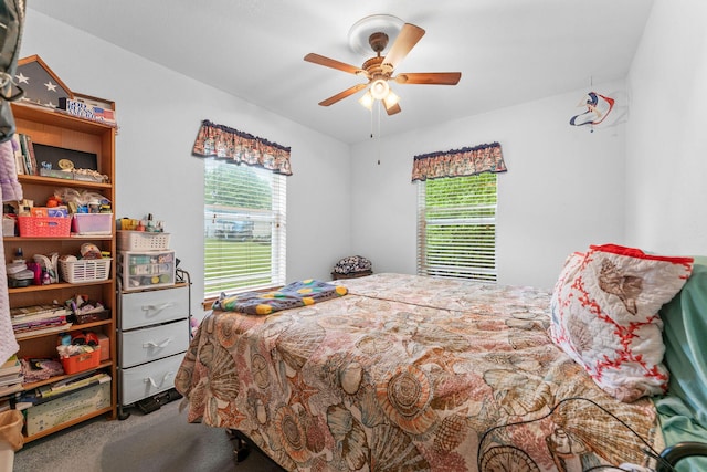 bedroom with carpet flooring and ceiling fan