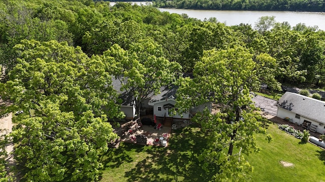 drone / aerial view with a water view and a forest view