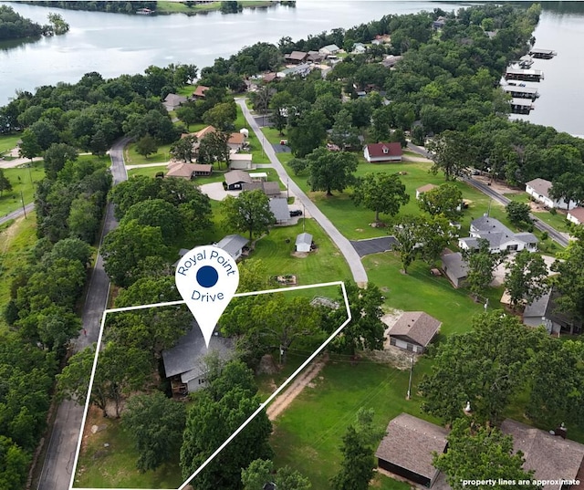 26742 Royal Point Dr, Shell Knob, MO 65747 - aerial perspective of suburban area featuring a nearby body of water and property boundaries highlighted