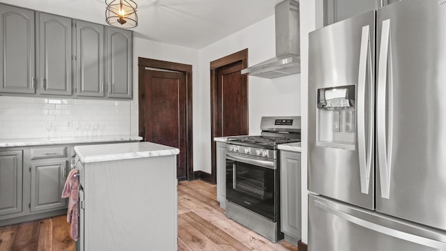 kitchen featuring light wood-style floors, wall chimney exhaust hood, gray cabinets, and appliances with stainless steel finishes