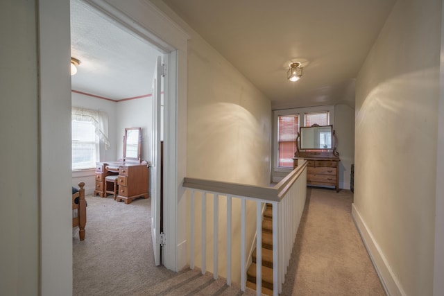 corridor featuring a wealth of natural light, carpet floors, and an upstairs landing