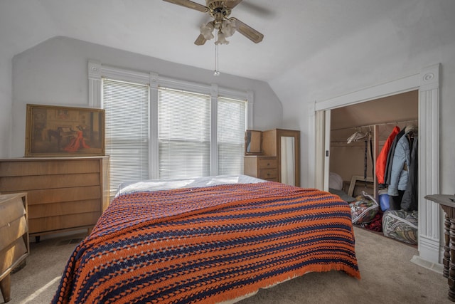 carpeted bedroom with lofted ceiling, a closet, a ceiling fan, and a walk in closet