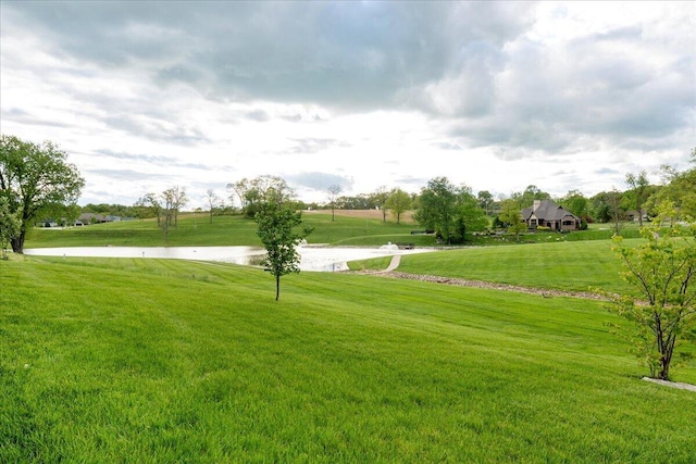 view of community with a yard and a water view