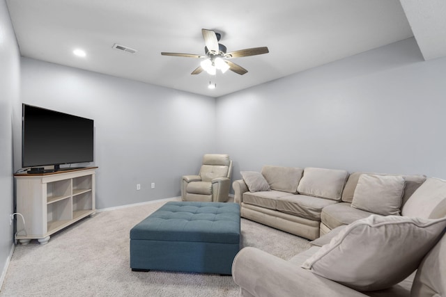 carpeted living room with ceiling fan, baseboards, visible vents, and recessed lighting