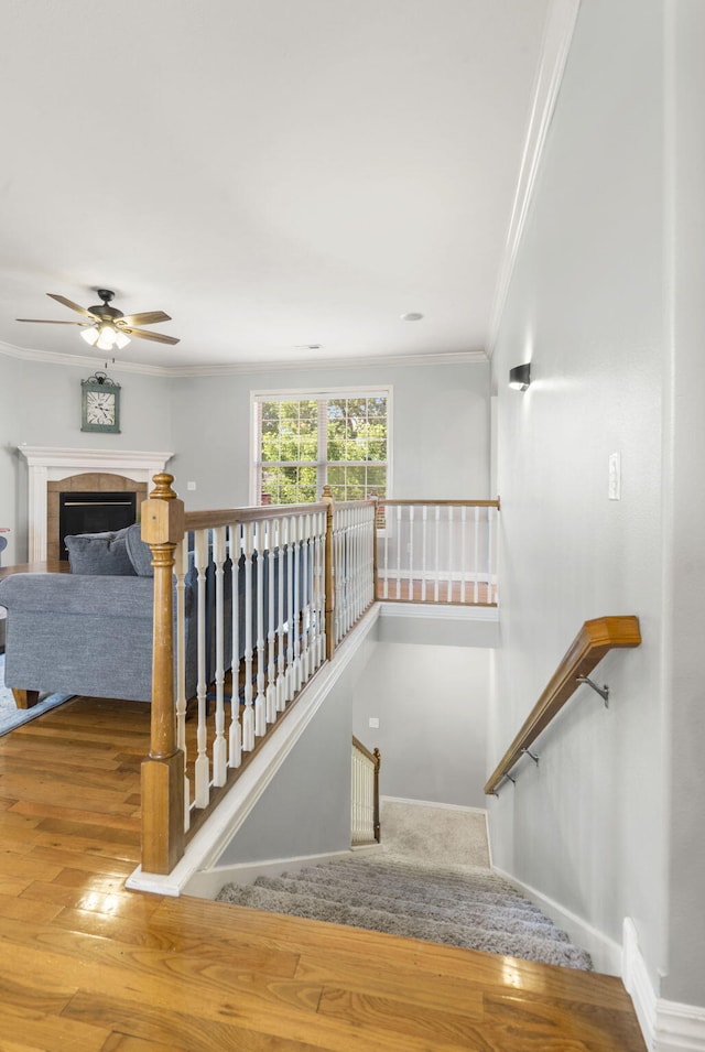 stairway featuring ceiling fan, ornamental molding, baseboards, and a tile fireplace