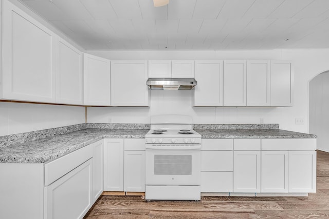 kitchen featuring white cabinets, white electric range, under cabinet range hood, and wood finished floors