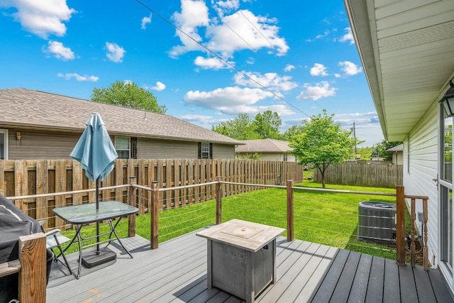 deck with cooling unit, a yard, outdoor dining space, and a fenced backyard