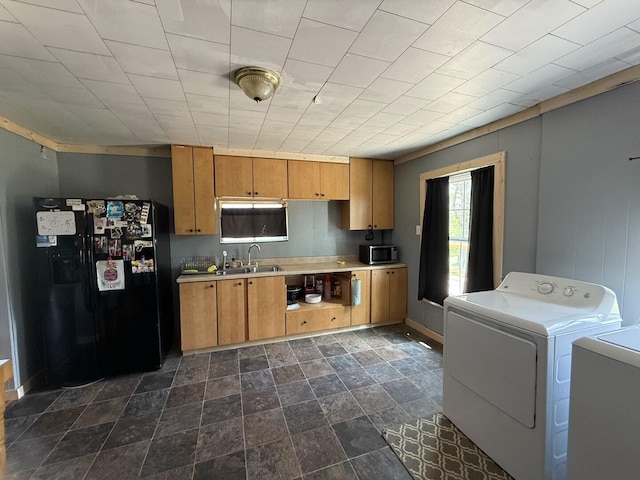1398 County Road 670, Birch Tree, MO 65438 - kitchen with freestanding refrigerator, baseboards, a sink, stainless steel microwave, and light countertops