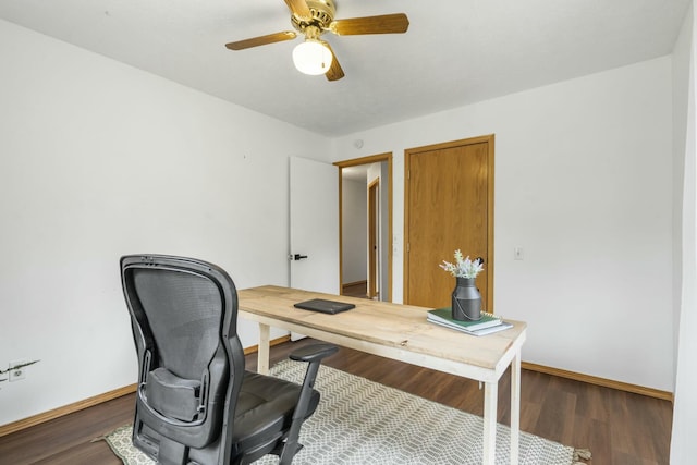 office area with baseboards, dark wood-type flooring, and a ceiling fan
