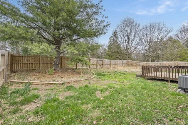 view of yard with a wooden deck and a fenced backyard