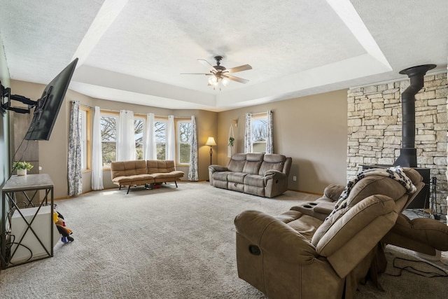 living room featuring a ceiling fan, a tray ceiling, a textured ceiling, baseboards, and a wood stove
