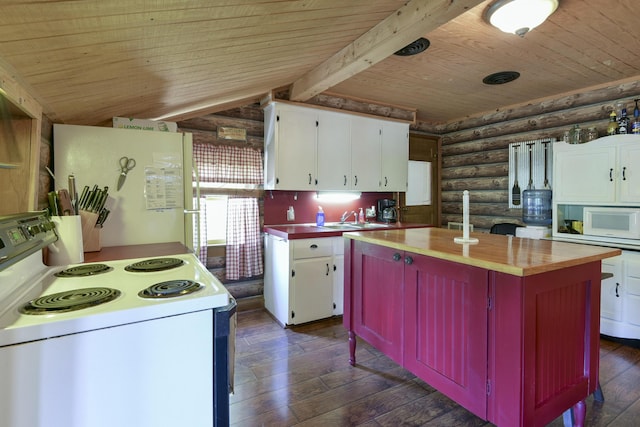 kitchen featuring wooden ceiling, white appliances, rustic walls, wood counters, and lofted ceiling with beams