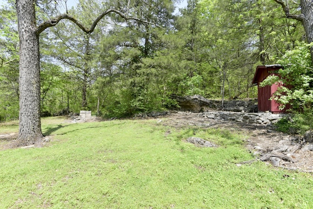 view of yard featuring a forest view and an outbuilding
