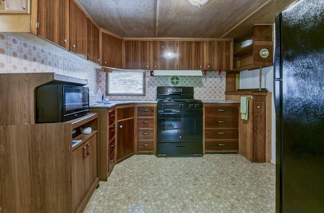 kitchen with wood ceiling, brown cabinets, open shelves, black appliances, and light countertops
