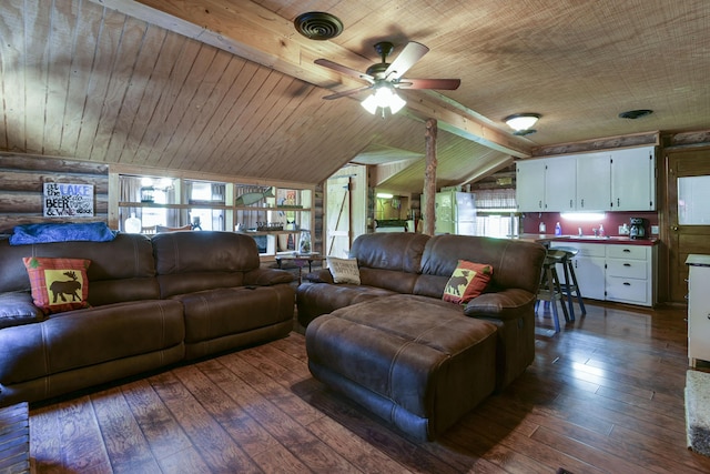 living room with wooden ceiling, dark wood-type flooring, a ceiling fan, and lofted ceiling with beams
