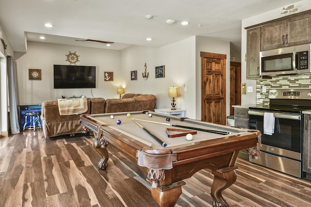 rec room with billiards, dark wood-style flooring, and recessed lighting