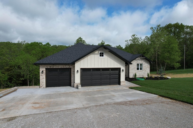 385 Plumtree Dr, Ozark, MO 65721 - exterior space with driveway, board and batten siding, an attached garage, roof with shingles, and a front lawn