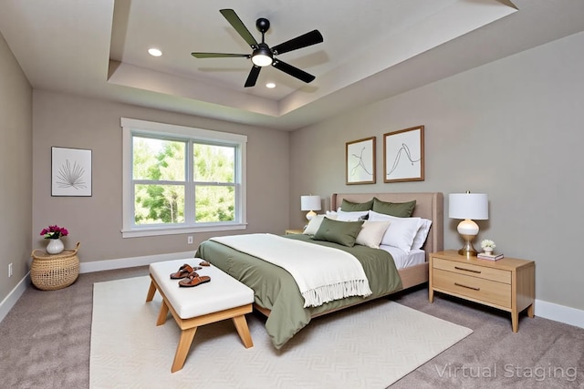385 Plumtree Dr, Ozark, MO 65721 - carpeted bedroom featuring a ceiling fan, baseboards, a raised ceiling, and recessed lighting