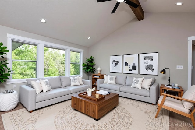 385 Plumtree Dr, Ozark, MO 65721 - living room with a ceiling fan, beamed ceiling, recessed lighting, and wood finished floors