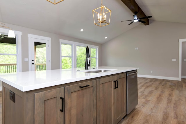 385 Plumtree Dr, Ozark, MO 65721 - kitchen with a wealth of natural light, lofted ceiling with beams, light wood finished floors, and a sink