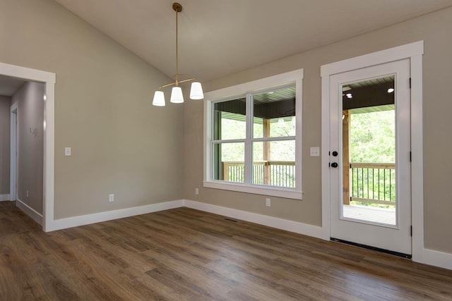 385 Plumtree Dr, Ozark, MO 65721 - doorway featuring lofted ceiling, dark wood-type flooring, visible vents, a chandelier, and baseboards