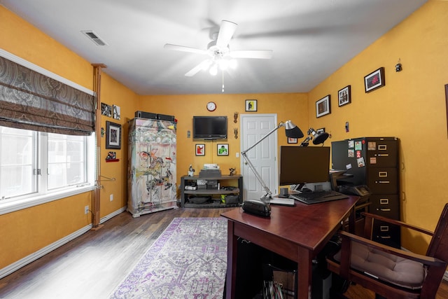 office area featuring baseboards, visible vents, ceiling fan, and wood finished floors