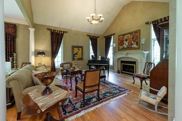 living room featuring a chandelier, wood finished floors, and a fireplace