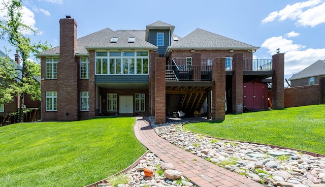 back of house featuring a deck, stairs, brick siding, and a lawn