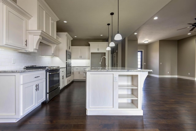 kitchen featuring tasteful backsplash, open shelves, dark wood-style floors, baseboards, and appliances with stainless steel finishes