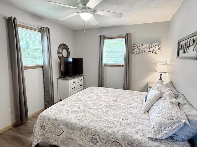 bedroom featuring baseboards, multiple windows, ceiling fan, and a textured ceiling