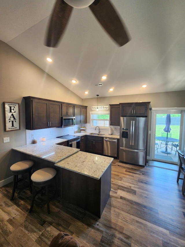 kitchen featuring dark wood-style flooring, light stone counters, a peninsula, and appliances with stainless steel finishes