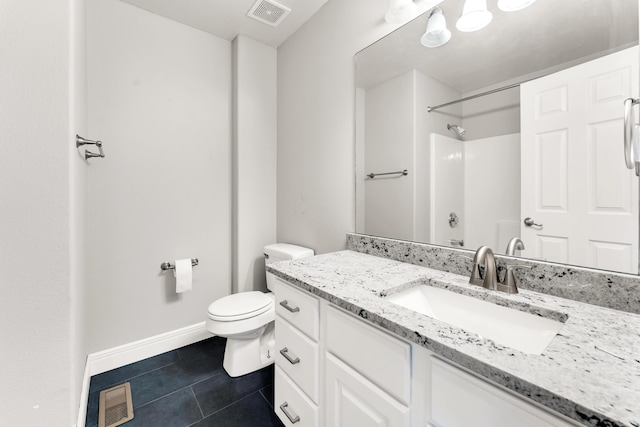 full bath featuring tile patterned floors, toilet, visible vents, and vanity