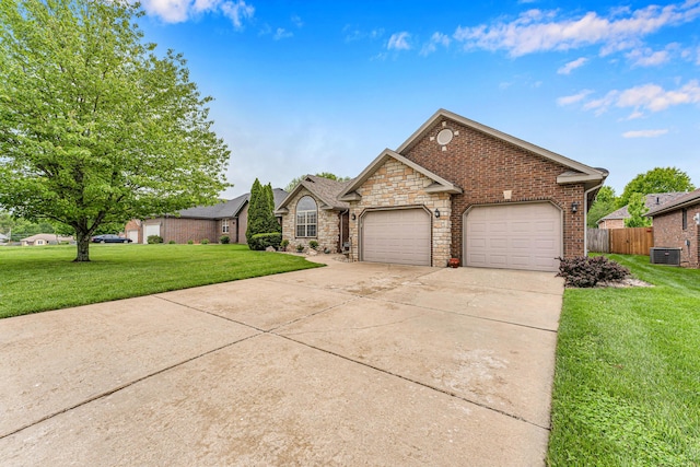 view of front facade with an attached garage, central AC, concrete driveway, and stone siding