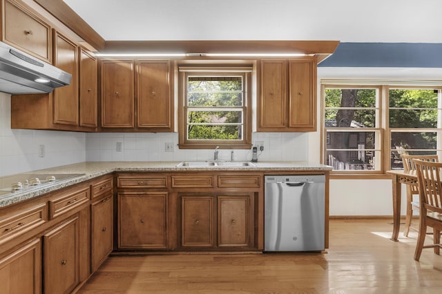 2941 S Versailles Ave, Springfield, MO 65804 - kitchen with a sink, brown cabinets, dishwasher, under cabinet range hood, and light wood-style floors