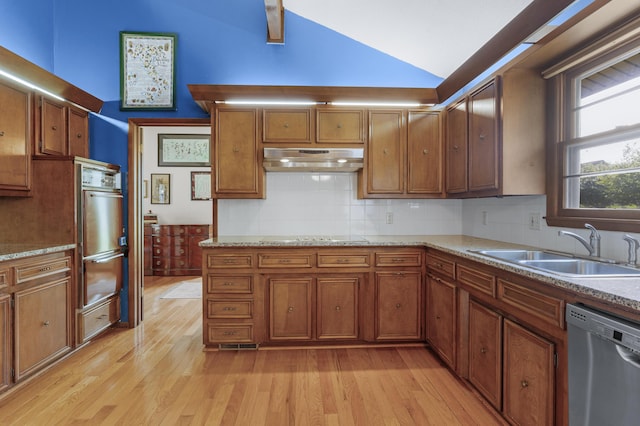 2941 S Versailles Ave, Springfield, MO 65804 - kitchen with a sink, lofted ceiling, under cabinet range hood, light wood finished floors, and stainless steel dishwasher