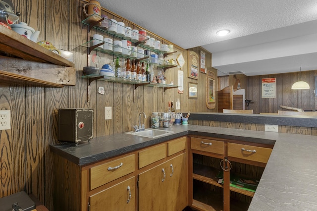 2941 S Versailles Ave, Springfield, MO 65804 - bar featuring a sink, wooden walls, a textured ceiling, and indoor wet bar