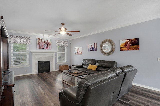 living area featuring a ceiling fan, ornamental molding, baseboards, and dark wood-type flooring