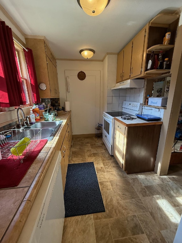 kitchen with a sink, white appliances, open shelves, under cabinet range hood, and decorative backsplash