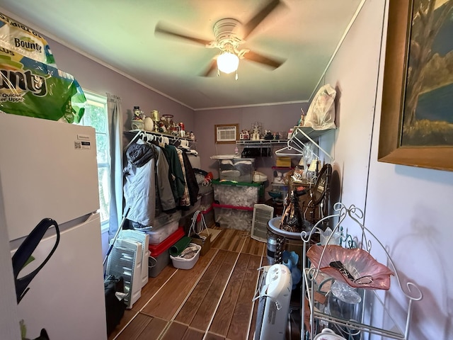 storage area featuring a ceiling fan