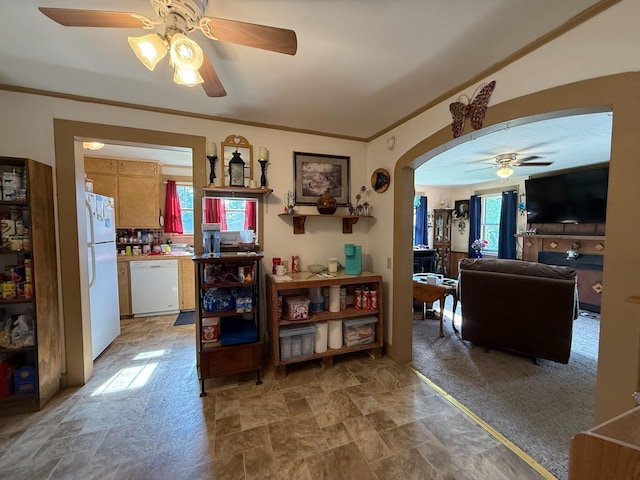 interior space featuring arched walkways, ornamental molding, stone finish flooring, and ceiling fan