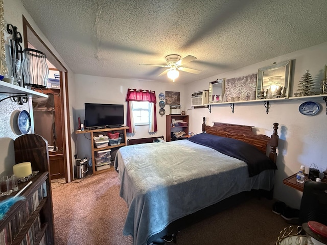 carpeted bedroom with a textured ceiling, a wall mounted AC, and a ceiling fan