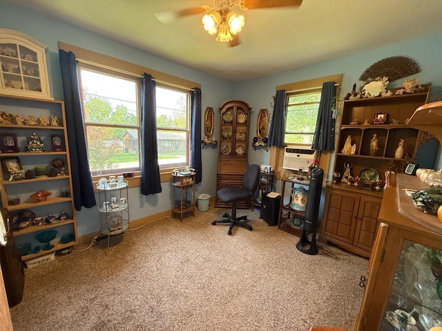 office with cooling unit, carpet, baseboards, and a ceiling fan