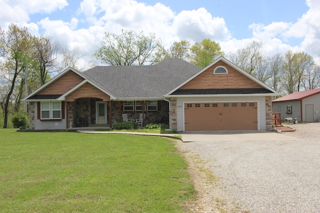 289 Frog Pond Rd, Seymour, MO 65746 - craftsman-style home with a porch, stone siding, a garage, a front yard, and gravel driveway